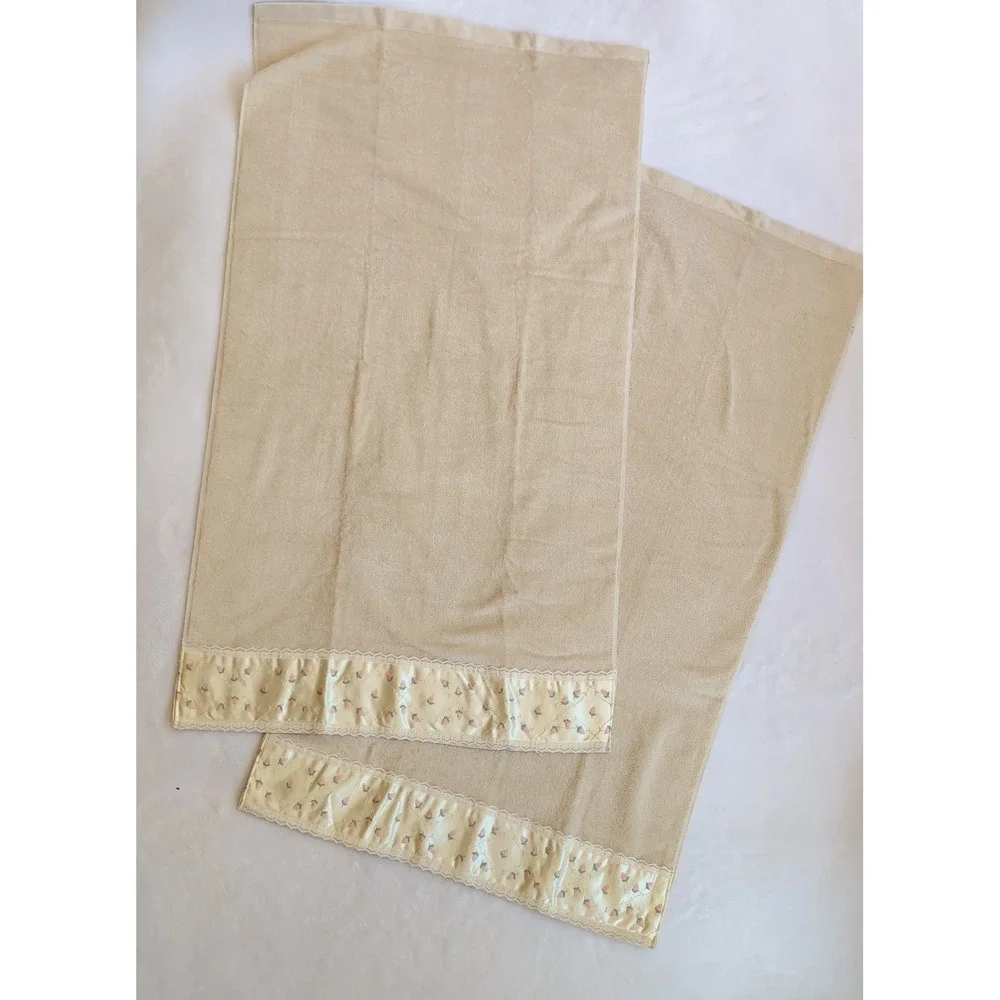 2 Vintage Ames Towels Set Pink Rosebud Floral Lace Satin Trim Cottagecore USA